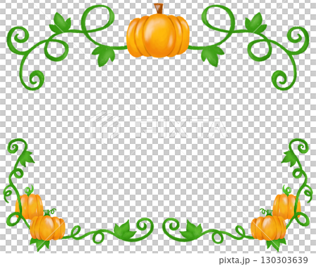 水彩風カボチャとつたのフレーム・背景素材、大人っぽい秋・ハロウィンの装飾罫線デザイン 130303639