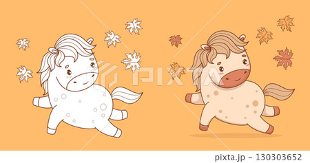 Cute Playful Horse with Falling Autumn Maple Leaves. Outline Line and Color drawing, Coloring book. Isolated Funny Little kawaii Fall animal. Vector illustration. Kids collection. Not AI Cute Playful Horse with Falling Autumn Maple Leaves. Outline Line and Color drawing, Coloring book. Isolated Funny Little kawaii Fall animal. Vector illustration. Kids collection. Not AI 130303652