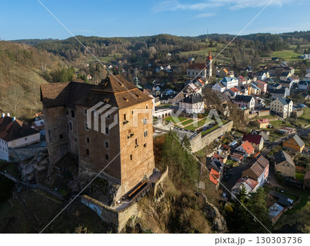 Drone photo of a medieval castle in the Czech Republic. Bekov nad Teplovou. 130303736