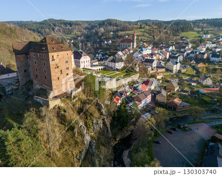 Drone photo of a medieval castle in the Czech Republic. Bekov nad Teplovou. 130303740