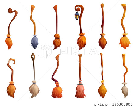 Cartoon witch brooms. Witches broom with wooden sticks, magic halloween accessories. Household tools old style, decorative wizard sapid vector set 130303900