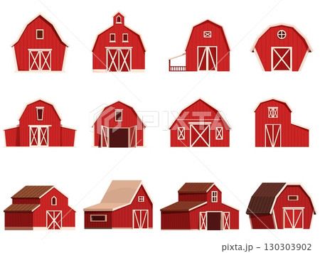 Cartoon red barns. Agriculture buildings, barn wooden constructions. Farmhouse architecture facades flat icons. Rural building sapid vector set Cartoon red barns. Agriculture buildings, barn wooden constructions. Farmhouse architecture facades flat icons. Rural building sapid vector set 130303902