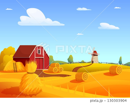 Rural landscape with hay. Farm house or barn and mill. Agriculture field, seasonal harvest time. Autumn nature countryside background, sapid vector illustration Rural landscape with hay. Farm house or barn and mill. Agriculture field, seasonal harvest time. Autumn nature countryside background, sapid vector illustration 130303904