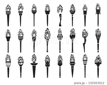 Black torch silhouettes. Different torches, torchlight for interior light. Worldwide olympic sport symbol, burning fire on sticks. Isolated sapid vector set 130303912