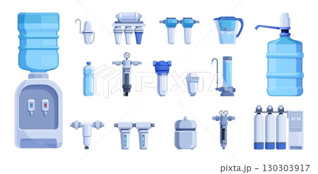 Cartoon water purification tools. Isolated filtering system for home and office. Clean aqua equipment, water filter jar and filtration membrane sapid vector set Cartoon water purification tools. Isolated filtering system for home and office. Clean aqua equipment, water filter jar and filtration membrane sapid vector set 130303917