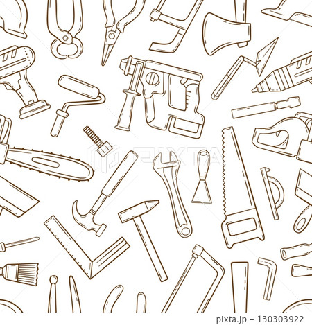 Doodle repair tools pattern. Different sketch carpenter equipment. Construction or building elements. Decorative print neoteric vector background Doodle repair tools pattern. Different sketch carpenter equipment. Construction or building elements. Decorative print neoteric vector background 130303922