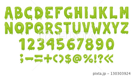 Slime letters. Liquid alphabet, numbers and punctuation marks. Isolated green radioactive toxic abc. Halloween letter for decor, banners, posters, neoteric vector set Slime letters. Liquid alphabet, numbers and punctuation marks. Isolated green radioactive toxic abc. Halloween letter for decor, banners, posters, neoteric vector set 130303924