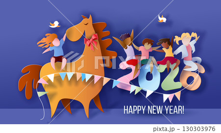 Child girl riding horse new year 2026 banner Year of the horse 2026 greeting card Child girl riding horse new year 2026 banner Year of the horse 2026 greeting card 130303976