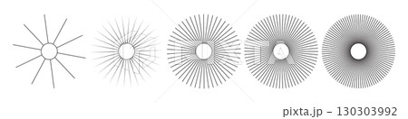 Sun icons with radial rays. Set of sunburst and starburst elements with varying line thickness and density. Retro comic or vintage engraving style rays. Abstract vector illustration 130303992