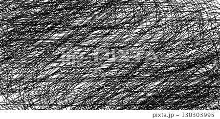 Chaotic scribble pattern. Abstract black hand-drawn lines randomly tangled on white background. Messy sketch texture for artistic designs or stress concepts. Trendy vector illustration 130303995