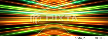 Colorful light laser grid background. Abstract glowing light beams in green, orange and yellow intersecting on dark surface. Futuristic neon stage, light show, or game design. Vector illustration 130304005