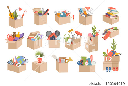 Moving boxes. Books office documents and different home supplies in cardboard boxes recent vector illustrations 130304019