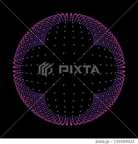 Magenta dotted round pattern. Abstract neon purple circle frame. Particle pattern with radial motion and glowing neon effect. Modern vector illustration Magenta dotted round pattern. Abstract neon purple circle frame. Particle pattern with radial motion and glowing neon effect. Modern vector illustration 130304022