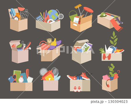 Cardboard boxes. Office supplies in boxes for moving recent vector books paper documents 130304023