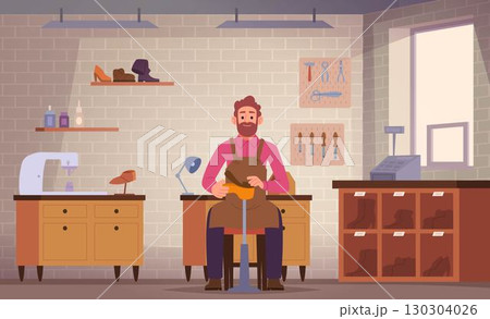 Shoes workshop. Professional master shoemaker repair different shoes exact vector cartoon background 130304026