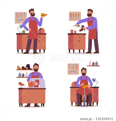 Shoemaker. Workshop scenes with master repair shoes exact vector cartoon templates 130304031