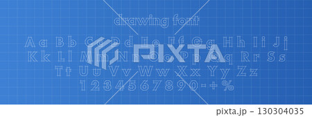 Blueprint font. Architectural typeface. Technical drawing alphabet and numbers with measurement guides on blue grid background. Graphic vector illustration 130304035