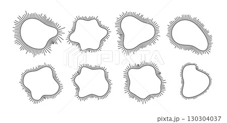 Abstract amoeba shapes with radial lines. Wavy organic blobs with spiky rays, black outlines on white background. Vector illustration 130304037