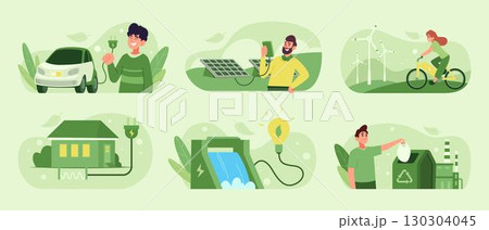 Green technology. People use green energy different renewable smart resources eco production exact vector templates 130304045