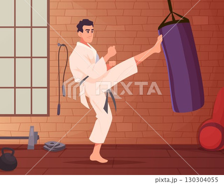 Leg punch. karate fighter in training room. vector cartoon background Leg punch. karate fighter in training room. vector cartoon background 130304055