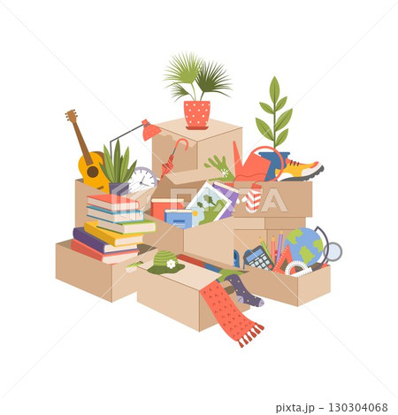 Boxes for moving. different items in cardboard boxes. vector hills from paper containers 130304068