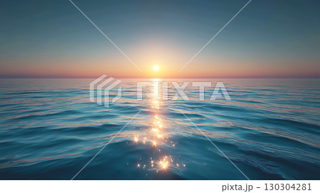 Golden sunset over the calm ocean, with shimmering reflections on the water and a peaceful horizon blending warm and cool tones in the sky. Golden sunset over the calm ocean, with shimmering reflections on the water and a peaceful horizon blending warm and cool tones in the sky. 130304281