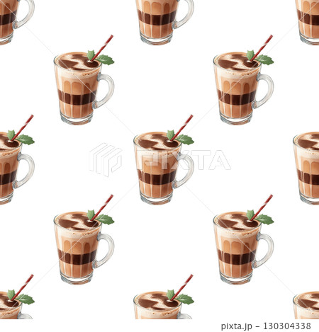 Coffee lovers seamless pattern featuring watercolor mugs with creamy tops and steam swirls. Perfect for DIY crafts, gift wrap, and digital backgrounds 130304338