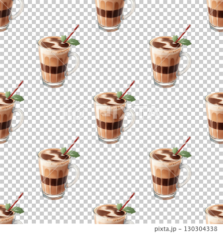 Coffee lovers seamless pattern featuring watercolor mugs with creamy tops and steam swirls. Perfect for DIY crafts, gift wrap, and digital backgrounds 130304338