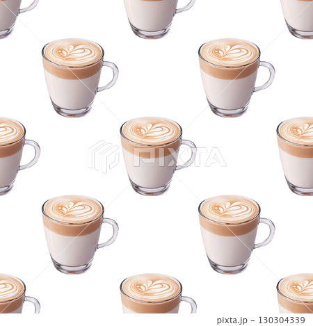 Delicate latte mug seamless pattern in watercolor style. Features coffee-related elements and steam on clean white background for versatility 130304339