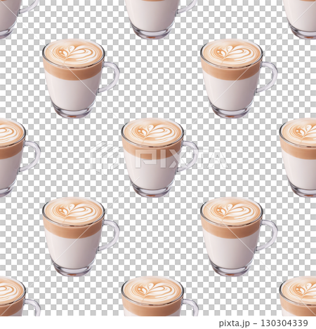 Delicate latte mug seamless pattern in watercolor style. Features coffee-related elements and steam on clean white background for versatility 130304339