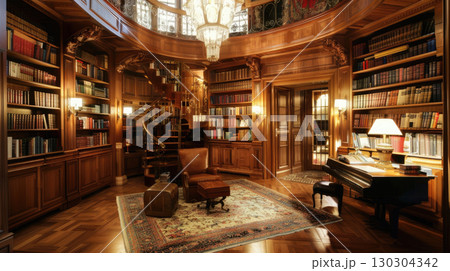 Lavish Art Deco home library with exotic woods, chrome finishes, and plush reading chairs. Celebrates Jazz Age elegance and architectural sophistication 130304342