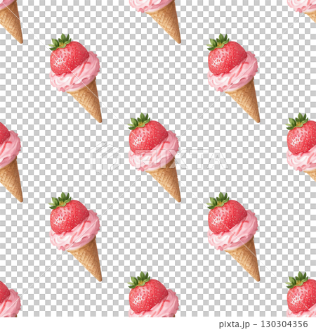 Strawberry ice cream cone seamless watercolor pattern with drips and berry swirls. White background design for summer branding and packaging projects 130304356