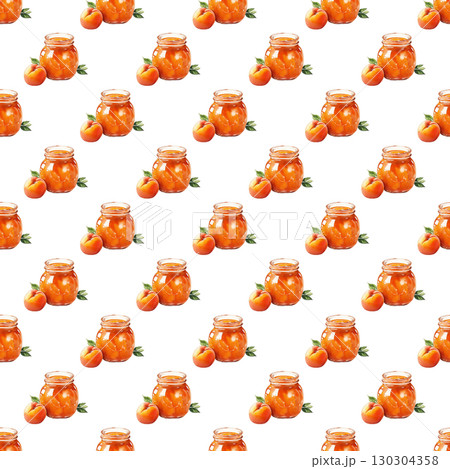 Watercolor repeating pattern of apricot jam jars. Versatile design for grocery branding and culinary content 130304358