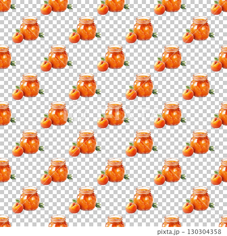 Watercolor repeating pattern of apricot jam jars. Versatile design for grocery branding and culinary content 130304358