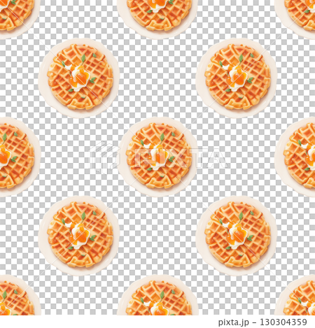 Waffles with apricot jam seamless watercolor pattern, featuring golden grids and fruit swirls. White background design for breakfast branding and packaging 130304359