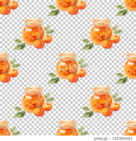Sweet apricot jam jar pattern with watercolor illustrations and seamless repeat. Designed for bakery branding and culinary background projects Sweet apricot jam jar pattern with watercolor illustrations and seamless repeat. Designed for bakery branding and culinary background projects 130304361