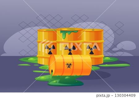 Barrels with hazard liquid. Yellow metal barrel with chemical toxic spilled green liquids. Environment pollution, flammable danger, nowaday vector scene Barrels with hazard liquid. Yellow metal barrel with chemical toxic spilled green liquids. Environment pollution, flammable danger, nowaday vector scene 130304409