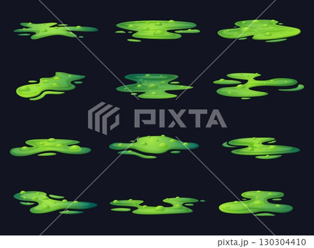 Chemical puddles. Toxic poison liquid substances, magic witch potions. Boiling green slime spill. Flammable dangerous game elements, nowaday vector set Chemical puddles. Toxic poison liquid substances, magic witch potions. Boiling green slime spill. Flammable dangerous game elements, nowaday vector set 130304410