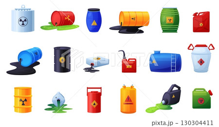 Radioactive liquids in barrels. Oil and toxic substances spill from containers. Plastic and metal barrel for transportation, storage, nowaday vector clipart 130304411