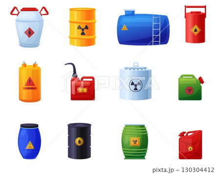 Toxic containers. Metal and plastic canisters and barrels with chemical liquid substance. Flammable elements, container for storage, nowaday vector set Toxic containers. Metal and plastic canisters and barrels with chemical liquid substance. Flammable elements, container for storage, nowaday vector set 130304412
