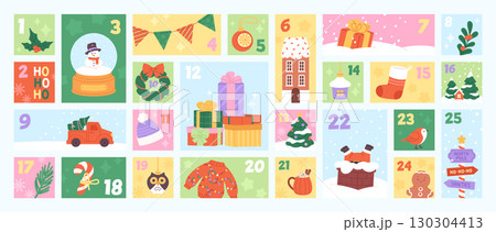 Advent calendar template. Christmas countdown for children and adult, childish tiny presents. Holiday decorations, clothes, racy vector elements 130304413