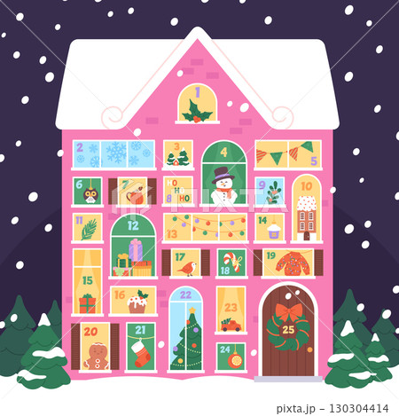 Advent calendar. Christmas style home with tiny presents windows. Xmas gift with different decorations, snowman, fir tree, toys, racy vector template Advent calendar. Christmas style home with tiny presents windows. Xmas gift with different decorations, snowman, fir tree, toys, racy vector template 130304414