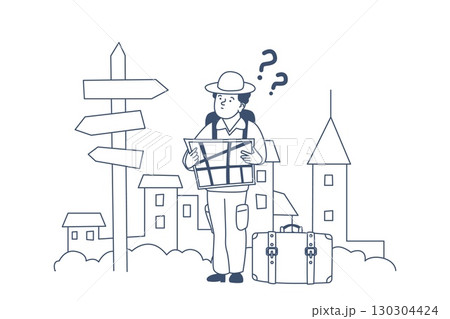 Lost traveler. Tourist with backpack stand with map near destination sign in new city. Man got lost, person looking way to home or hotel, recent vector scene Lost traveler. Tourist with backpack stand with map near destination sign in new city. Man got lost, person looking way to home or hotel, recent vector scene 130304424
