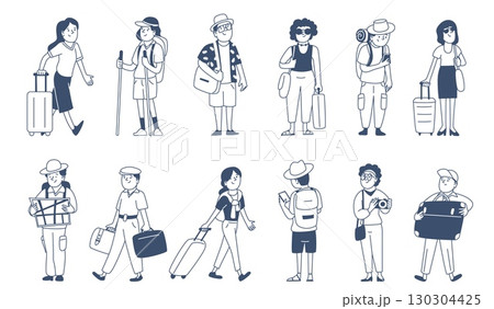 Doodle tourists people. City and camping adventures, characters with suitcase, backpack, map, camera and smartphone. Active travel recent vector set Doodle tourists people. City and camping adventures, characters with suitcase, backpack, map, camera and smartphone. Active travel recent vector set 130304425