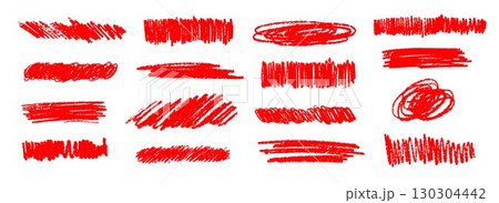 Red grunge brush stoke shape set. Hand drawn crayon underline and emphasis collection. Wet or dry pastel pencil doodles and scribbles bundle. Vector rough chalk charcoal sketched scrawls and squiggles Red grunge brush stoke shape set. Hand drawn crayon underline and emphasis collection. Wet or dry pastel pencil doodles and scribbles bundle. Vector rough chalk charcoal sketched scrawls and squiggles 130304442