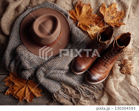 Autumn fashion flat lay with boots, scarf, and hat 130304593