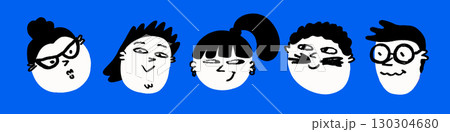 Doodle emoji in crayon style with funny expressions on blue background. Face smile icons in playful sketch vector look. Great for stickers, social media, kids design 130304680