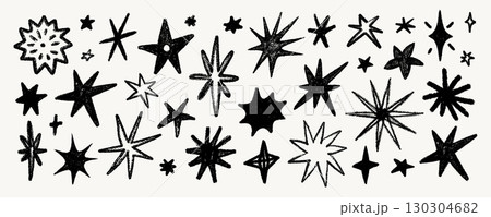 Black crayon star set hand drawn with pencil texture in various shapes and doodle styles. Crayon star set illustration for stickers, fabric, print, posters Black crayon star set hand drawn with pencil texture in various shapes and doodle styles. Crayon star set illustration for stickers, fabric, print, posters 130304682