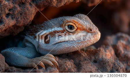 Lizard peeking through rocky crevice with textured scales and intense gaze 130304870