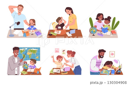 Parents help homework. Teacher teach school children, mother father study home work together kids parent assist tutor dad mom learning child education, classy vector illustration Parents help homework. Teacher teach school children, mother father study home work together kids parent assist tutor dad mom learning child education, classy vector illustration 130304908